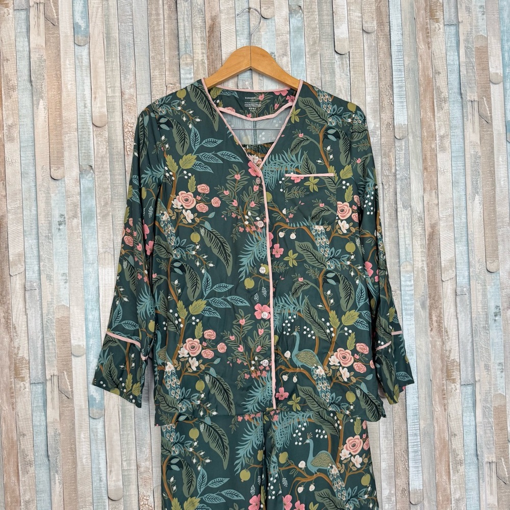 Rifle Paper Co. Forest Green Floral Satin Pajama Set with Pink Trim - Picture 4 of 12
